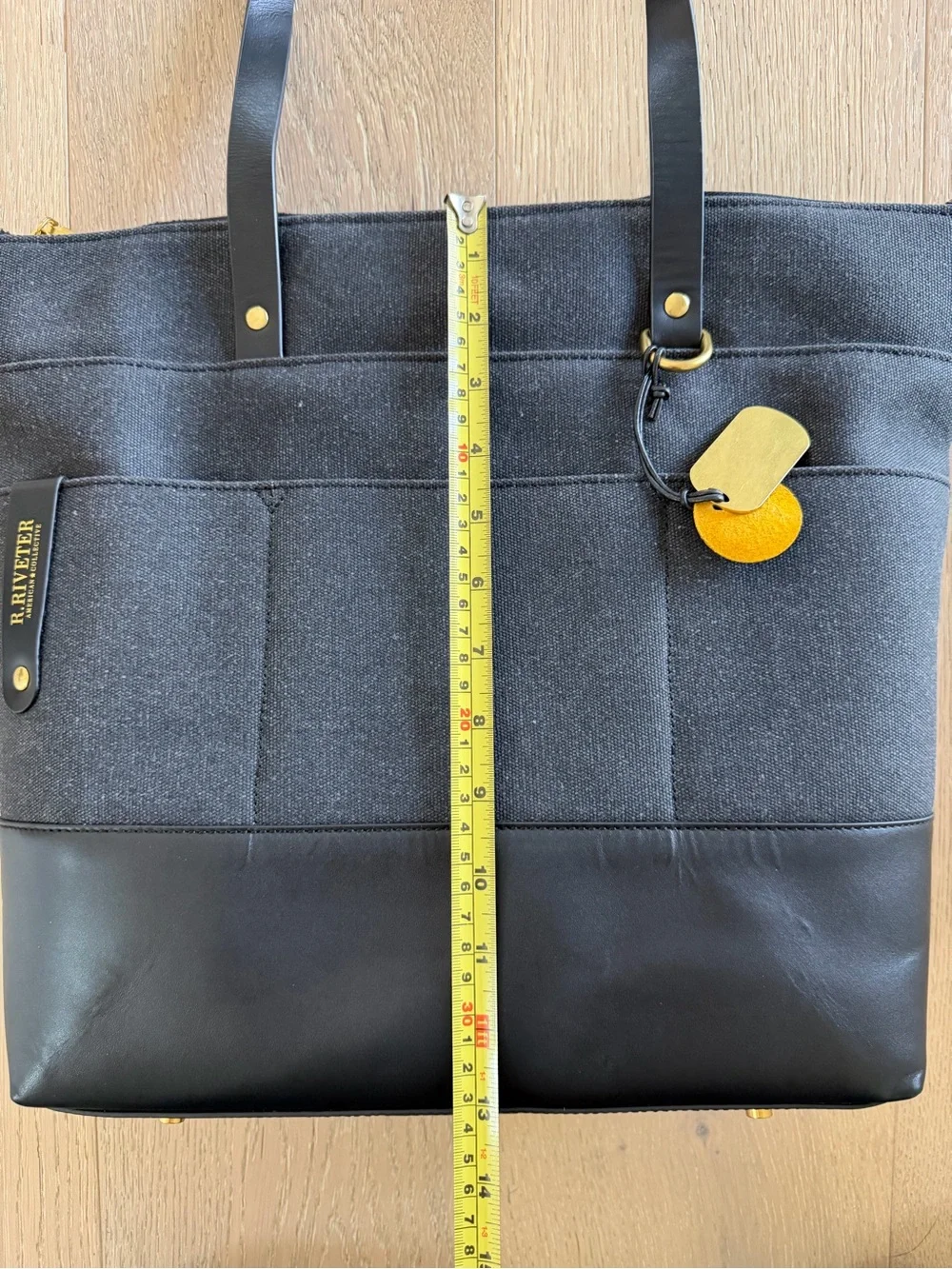R. Riveter HARRIET TOTE BAG in Black Washed Canvas + Black Leather